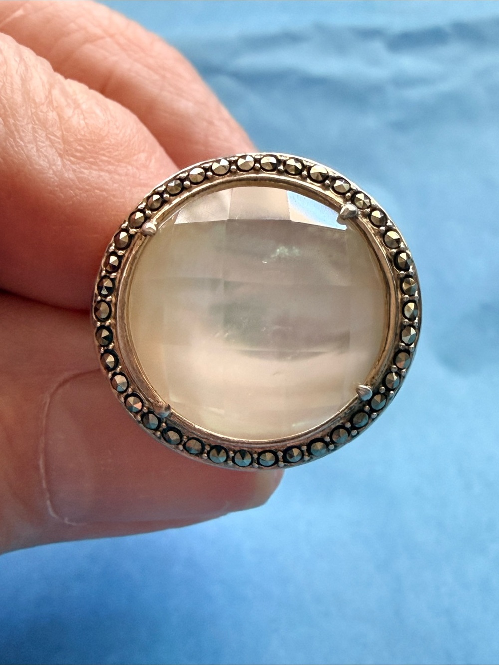 Vintage QVC Sterling Silver Mother of Pearl Marcasite Cocktail Ring Size 7